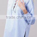 Runwaylover EY2326B 2017 Latest Blouse Design Women's Blue Striped Cold Shoulder Tie Sleeve Shirt thumbnail-1