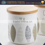 White Decaled Ceramic Canisters Set With Wooden Lid 3pcs thumbnail-2