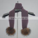 Myfur Classic Ribbed Pattern Knit Scarf for Kids With Two Big Size Natural Raccoon Fur Pom Poms thumbnail-2
