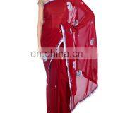 Designer Fancy Embrided Resham Work Georgette Red Saree Sari thumbnail-1