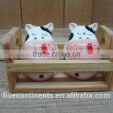 Ceramic Cute Cow Salt and Pepper Shaker Set With Wood thumbnail-1