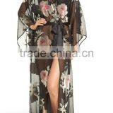Luxurious Women Clothing High Quality Romantic Cover up Summer Sheer Chiffon Rose Printed Robe Cover up Cardigan for Beach Wear thumbnail-2
