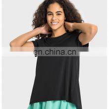 Quick Dry Cool Soft Sexy Back Hollow Out Boe Tie Short Sleeve Gym Top Loose Casual Women Workout Sports Fitness Walking Wear thumbnail-4