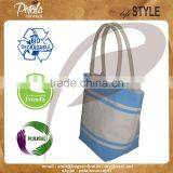 Cool Blue Stripe Print Canvas Tote Bag With Padded Rope Handle , PU Label Branding Bag thumbnail-1