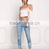 MGOO Custom Manufacturer Polyester Cropped Blouses Blush Silky Cold Shoulder Long Sleeves Satin Crop Tops thumbnail-3