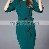Green Tie Waist Pockets Sheath Dress Polyester Spandex Short Half Sleeve Casual Plain Lady Dress thumbnail-3
