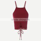 Polyester Lace Up Tank Top Hollow Stretchable Solid Wine Red Size:Free Size Sold By PC thumbnail-1