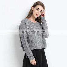 Women Crew Neck Cable Knit Plus Size Gray Pullover Cashmere Wool Thick Sweater thumbnail-2