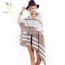 Cashmere Wool Knitted Poncho Shawls With Buttons Stripe Color Block Shawl thumbnail-1