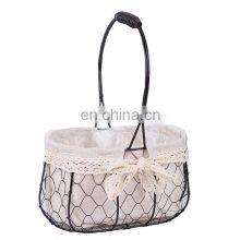 Wholesale Customize Home Decor Living Oval Dark Brown Metal Wire Fabric Food Picnic Mix Storage Flower Basket With Handles Flower Vase thumbnail-4