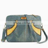 Genuine Leather Bag Women Designers Laptop Bag Shoulder Bag for Ipad With Jean Denim thumbnail-1