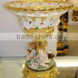 Lovely Cherubim Flower Pot, Hand Painting Ceramic Gold Flower Bowl With Elegant Flowers Mounted thumbnail-1