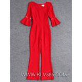 European Style Women Elegant Flared Sleeve Long Jumpsuit Pants thumbnail-3