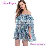 Blue Printing Off Shoulder Short Bohemian Clothing Boho Dress thumbnail-4