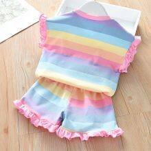 Summer girl cool rainbow embroidered butterfly edge short sleeved shorts set
