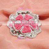 Chiffon Flower Trim - Rose Pink With Sequin Leaf, Flower Applique Supply or Hair Accessories, Headband, Clothing, Dress