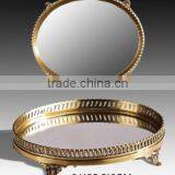 Unique Design Brass Oval Mirror Tray, Hand Engraved Gilt Bronze Serving Tray With Mouthed Edge thumbnail-1