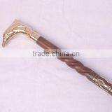 Wood carving walking stick with brassinlay decoration and brass animal shape handle