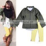 Wholesale Children Clothing Army Green Jacket Stripe Tee Shirt and Yellow Pants 3 Pieces Sets thumbnail-1
