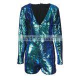HAODUOYI Blue Sequin Plunge Neck Long Sleeve Evening Party Bodysuit for Wholesale With Low Price thumbnail-2