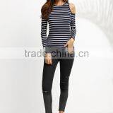APPAREL Navy Striped Open Shoulder Ribbed T-shirt thumbnail-3