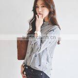 100 Cotton Comfortable Long Sleeve Leaves Embroidery Striped Shirts for Women Stand Collar Shirts thumbnail-2