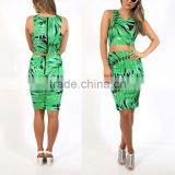slight stretch and a bright green leaf print ladies crop top and skirt set