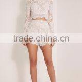 Crochect White Lae Designs Long Sleeve Two Piece Sets Lace Crop Top and Short Pants Designs thumbnail-3