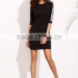 Black Round Neck Half Sleeve Sheath Dress Cotton Spandex Casual Stripe Raglan Sleeve Short Tee Dress thumbnail-5
