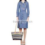 2015 Bohemian Blue Buttons Long Sleeve Waistband Women Long Dress Jeans New Fashion Ladies Dress JXQ868 Quality Choice thumbnail-4