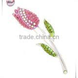 Rhodiumized / Green & Pink Rhinestone / Lead Compliant / Flower Brooch