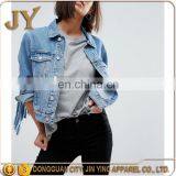 New Design Women Long Sleeve Summer Denim Midwash Blue Short Jackets With Fringed Back thumbnail-4
