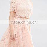 Pink Lace Crop Top and Puff Skirt Wedding Dress Girl's Short Sleeve Prom Two Piece Set thumbnail-5