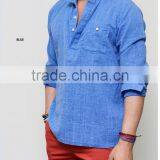 Men's Long Sleeve Blue Laid-back Holiday Linen Pull Over Henley Mandarine Shirt thumbnail-1