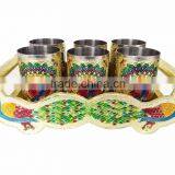 TWIN PEACOCK Designed WOODEN MEENAKARI TRAY WITH MATCHING 6-GLASSES SET - G.M. thumbnail-1
