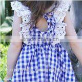 New Arrival Children Clothes Lace Trim Bule Plaid Kids Clothing Wholesale 100%cotton Baby Nice Dress thumbnail-5