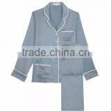 OEM Service Women Grey Satin Sleepwear Appeal Silk Pyjama Long Sleeve Blouse With Long Pants White Piping thumbnail-4