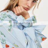 Tie Cuff Modern Lady's One Shoulder Stripe and Floral Poplin Blouse thumbnail-3