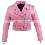 HMB-0329C WOMEN LEATHER JACKETS BASIC BIKER PINK FASHION COATS
