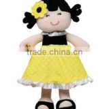 Fabric Rag Doll in Black and Yellow Skirt/ Plush Baby Doll 10" Tall