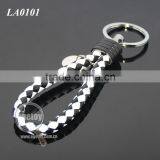 New Arrival Manual Hand Braided Rope Silver Zinc Alloy Metal Tag Braided Leather Cord Black White Leather Straps Weave Keychain thumbnail-4