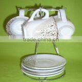 Set of 4 Ceramic Cups Mugs and Saucer Set With Metal Stand thumbnail-1