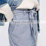 Ladies Navy Blue Jogger Pants Cotton-linen Wide Striped Trousers thumbnail-4