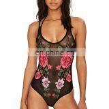 Mika72182 2017 Fashion Women Full Lace Sexy Flower Jumpsuits Halter Straps See Through Mesh Embroidery Bodysuits Black