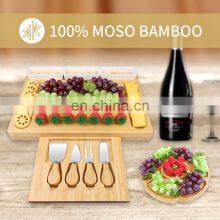 Natural Original Large Square, Charcuterie Wooden Bamboo Cheese Board With Grooved Cutlery 4 Stainless Steel Cheese Knives thumbnail-4