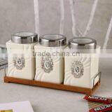 Ceramic Canister Set With Stainless Lid & Wooden Stand thumbnail-2