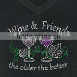 Women's Wine & Friends Rhinestone Bling V-Neck Short Sleeve Shirts Black thumbnail-4