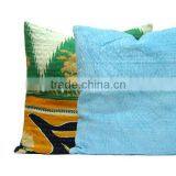 Velvet Cushion in Aqua With Vintage Kantha Backing Latest thumbnail-3