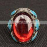 Miao Silver Ring Carved Mosaic Artificial Red Zircon Ring thumbnail-3