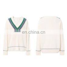 Women Casual V Neck Fashion Design Jacquard Knit Loose Cashmere Sweater thumbnail-4